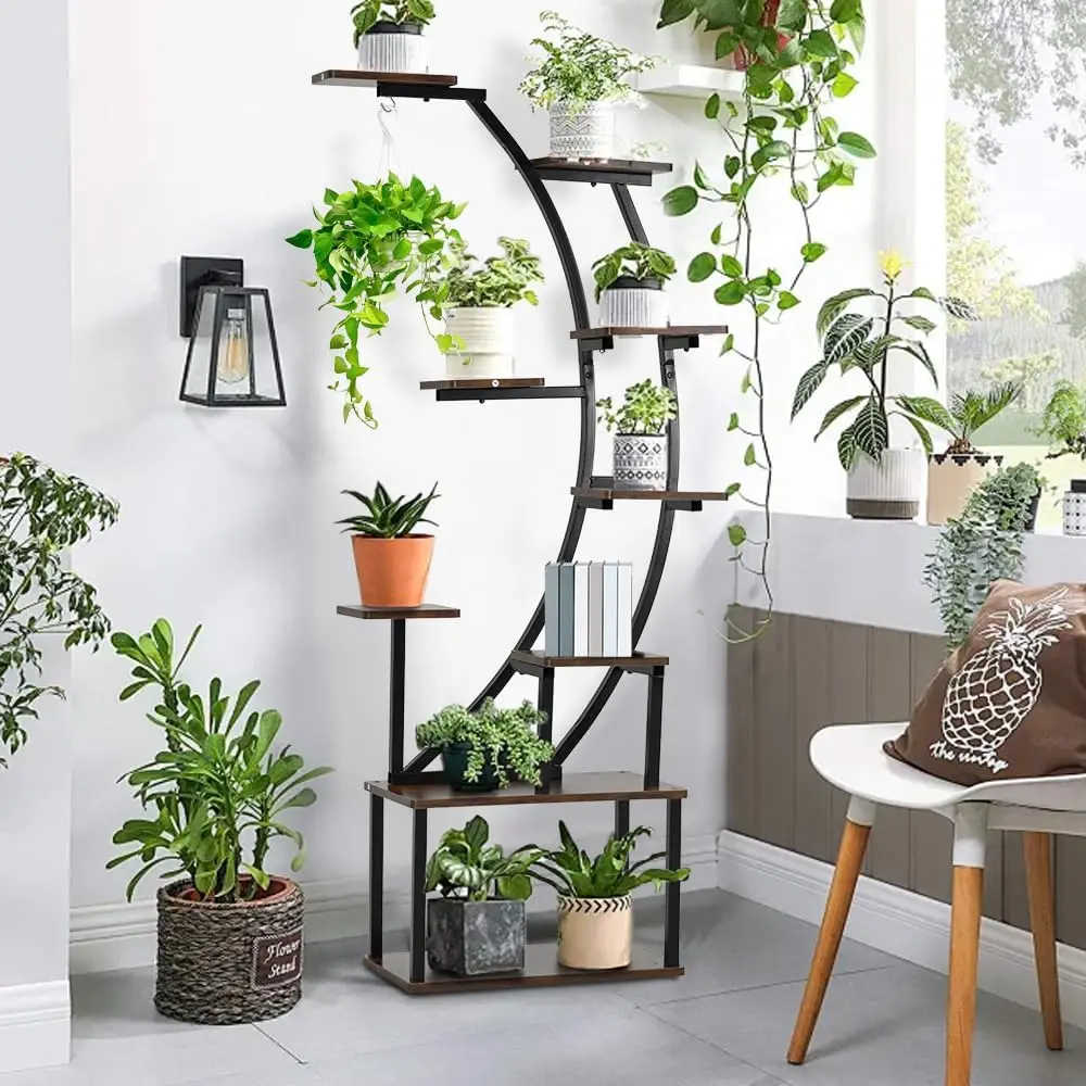 black plant stand with grow light for indoor plants 9 tiered metal plant shelf 60" black holder display rack for home balcony