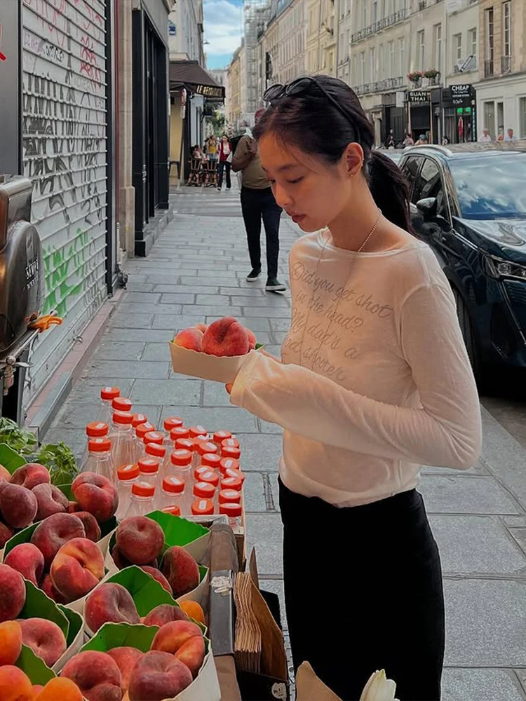 Nibber Casual Letter Print t-Shirts Women Long Sleeve See Through Wide Neck Skinny Autumn New Trend Street Simple Classic Tops