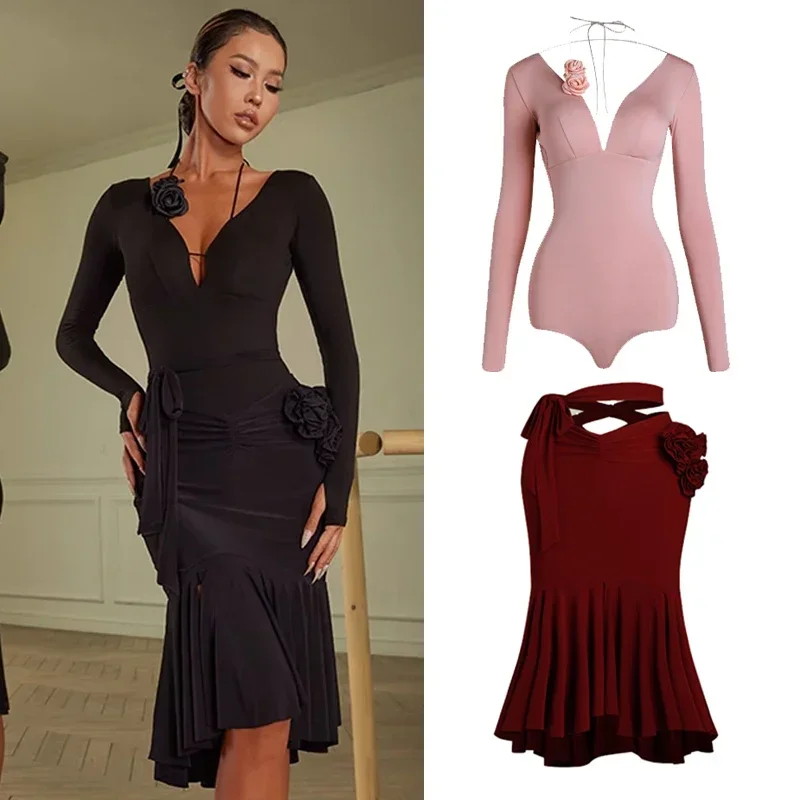 

Latin Dance Clothes Long Sleeves Bodysuit Women Floral Skirt Rumba Tango Performance Costume Practice Wear Adult Dress DNV18943