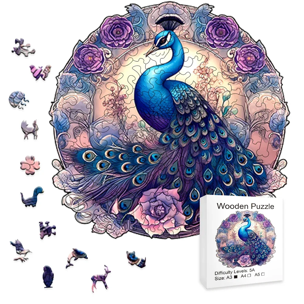 Purple Peacock Wooden Puzzle Handcrafted Elegance For All Ages Perfect Gift For Peacock Worshippers And Puzzle Fans