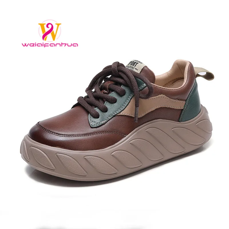 

Sneaker Women's First Layer Cowhide Spring 2023 New Thick Sole Vintage British Style Hand-lace-up Casual Muffin Shoes Woman