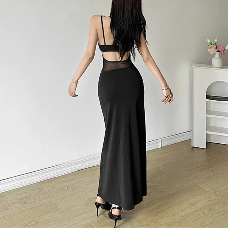 Summer Dress Women Sexy Solid Color Hollow Out Spaghetti Strap Sleeveless Mesh Bodycon Dress Evening Party Dresses