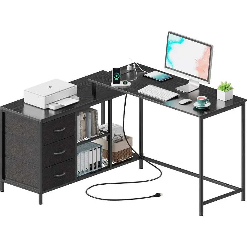 

Shaped Desk with Power Outlets, Computer Desk with Drawers & Shelves, Corner Desk Gaming Desk Home Office Desk,