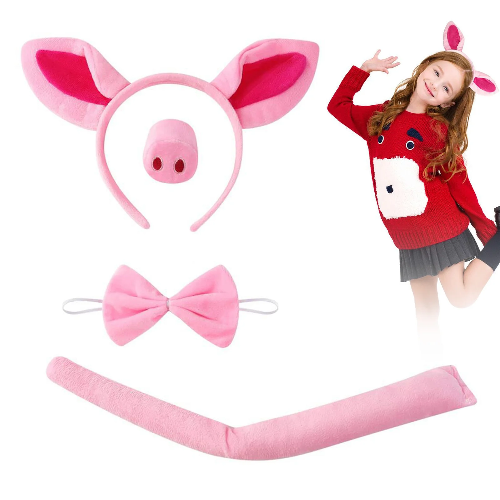 

4pcs Pink Pig Costume Set for Kids Pig Nose Tail Ears Headband and Bowtie for Costume Parties Dress up Play