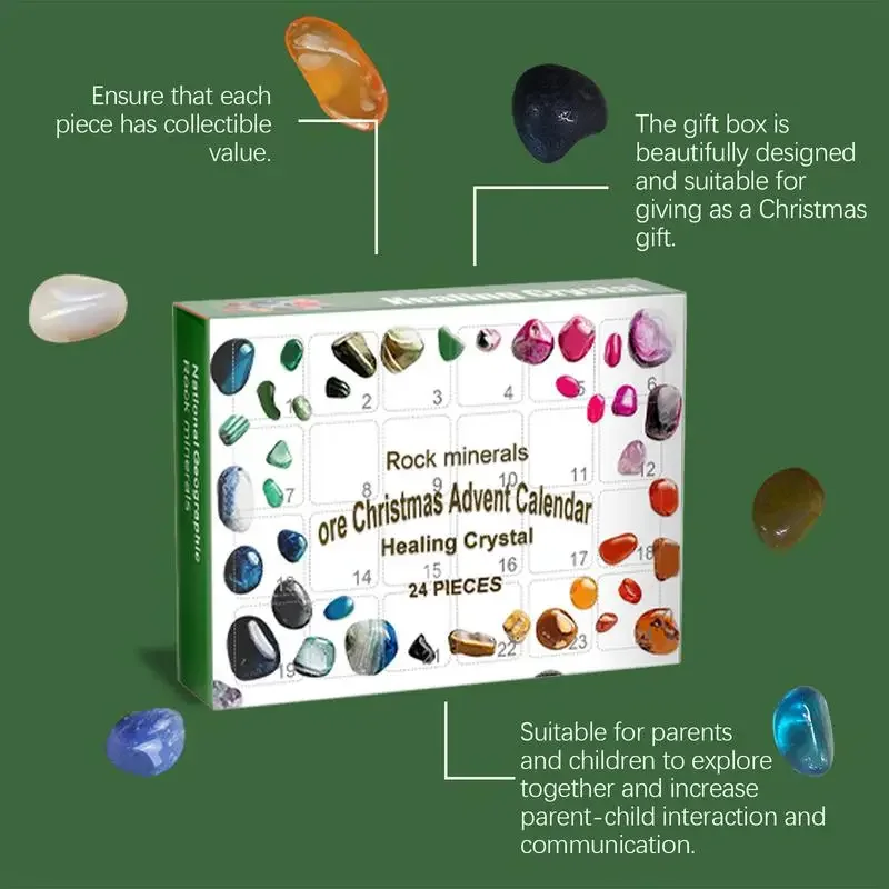 Stone Advent Calendar 24-Grid Natural Rock Mineral Crystal Collection 24 Day Christmas Countdown Calendars For Kid