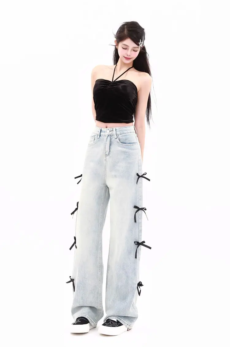 Jeans Bow Fashionable Women'S Blue Y2k Baggy Harajuku Oversize Denim Trousers Vintage Jean Pants Japanese Style Summer Trousers