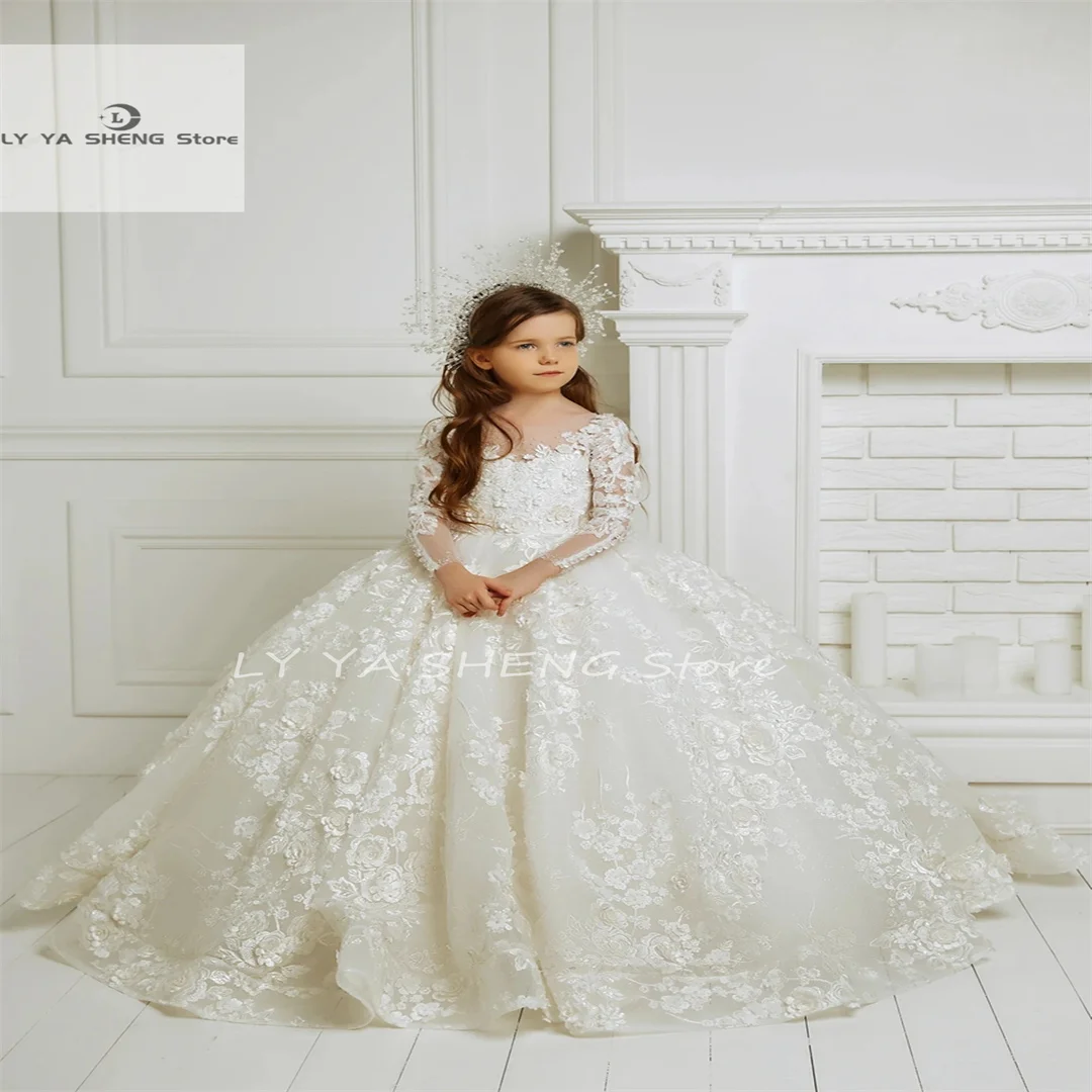 

Classy Long Flower Girl Dresses Jewel Neck Full Sleeves with Lace Applique Ball Gown Floor Length Custom Made for Wedding Party