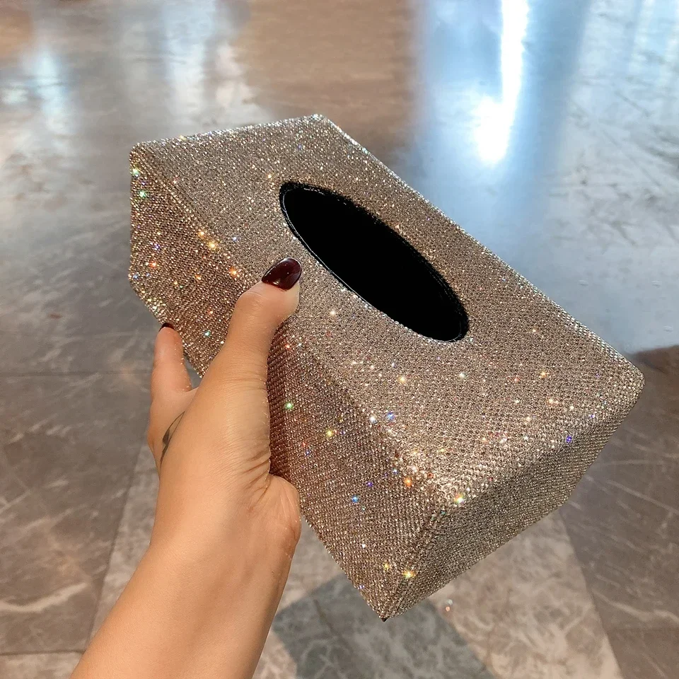 Sparkling Rhinestone Leather Tissue Box Desktop Napkin Toilet Holder Storage Case Car Paper Box Home Living Room Paper Dispenser 3