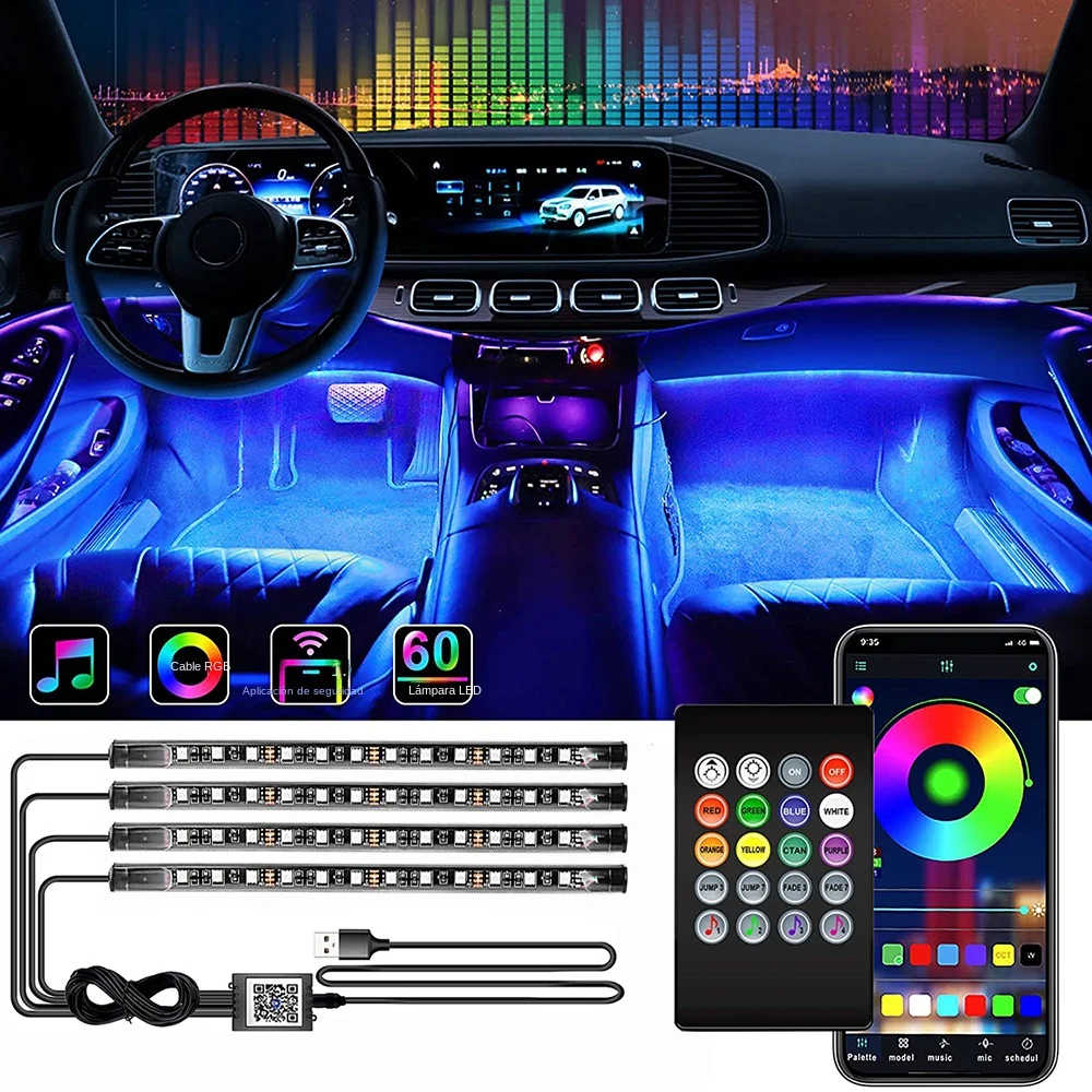 4 unids 12 LED tira de luz interior del coche DC 12 V lámpara de atmósfera  multicolor kit de iluminación con sonido y control remoto inalámbrico para