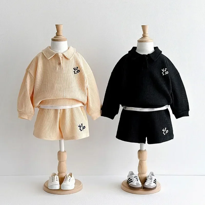 

2PCS New Baby Boys Spring Waffle Costume Girls Korean Suit Children Casual Loose Solid Cotton Tracksuits Long Sleeve Tops+Shorts