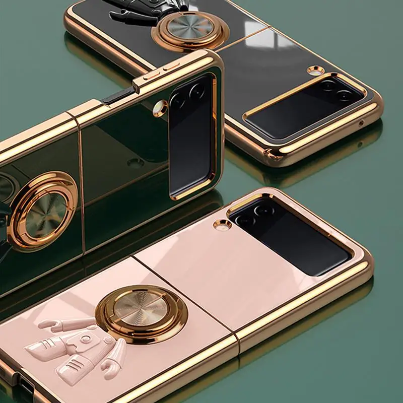 

Luxury Astronaut Ring Stand Magnetic Phone Case For Samsung Galaxy Z Flip 3 4 Filp3 Flip4 Solid Plating Protection Case Cover