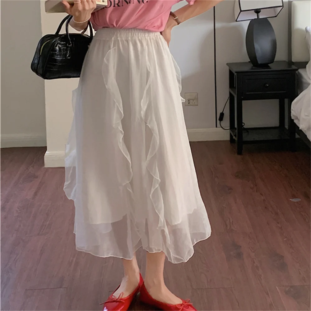 Alien Kitty-faldas de lunares malla de albaricoque para mujer, faldas elegantes de cintura alta, informales, de hadas, holgadas - AliExpress