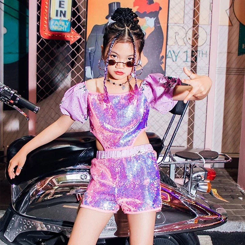 

Kids Summer Hip Hop Dancer Outfit Catwalk Show Stage Clothes Girls Purple Sequins Jazz Dance Costume Festival Clothing