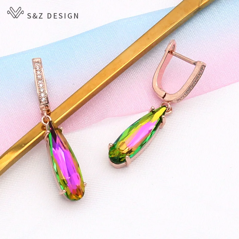 S&Z DESIGN New Fashion Elegant Water Drop Crystal Dangle Earrings For Women Wedding 585 Rose Gold Color Cubic Zirconia Jewelry