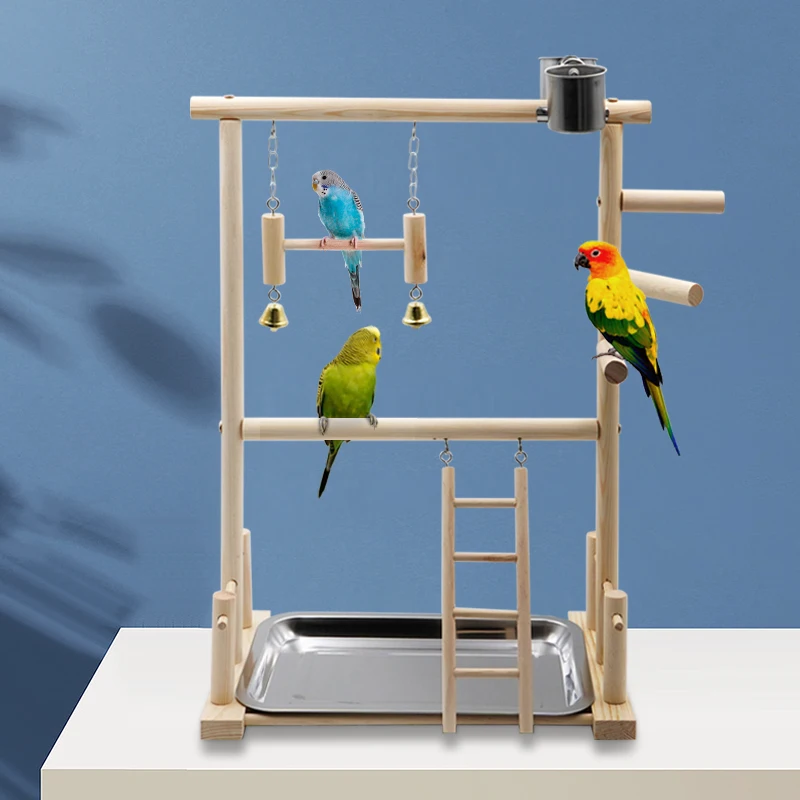 

Wooden Parrot Playstand Double Layer Bird Play Stand Cockatiel Playground Wood Perch Gym Playpen Ladder with Feeder Cups Toys