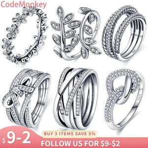 CodeMonkey-Anillo de plata auténtica para mujer, anillo de plata con hojas brillantes, joyería de circón para mujer, regalo de boda R7114