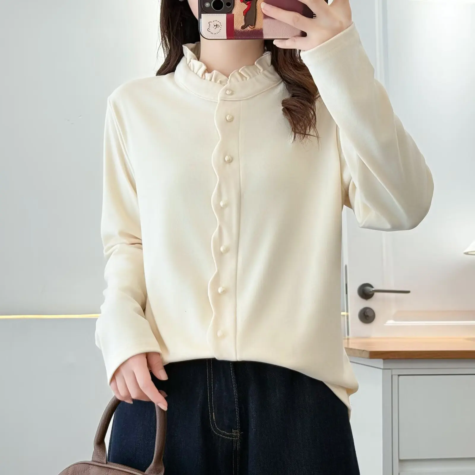 XXXXL Fashion Plus Size Women's T-Shirt DE Velvet Warm New Autumn And Winter Style Ruffled Collar Long Sleeved Inside Tops 2557