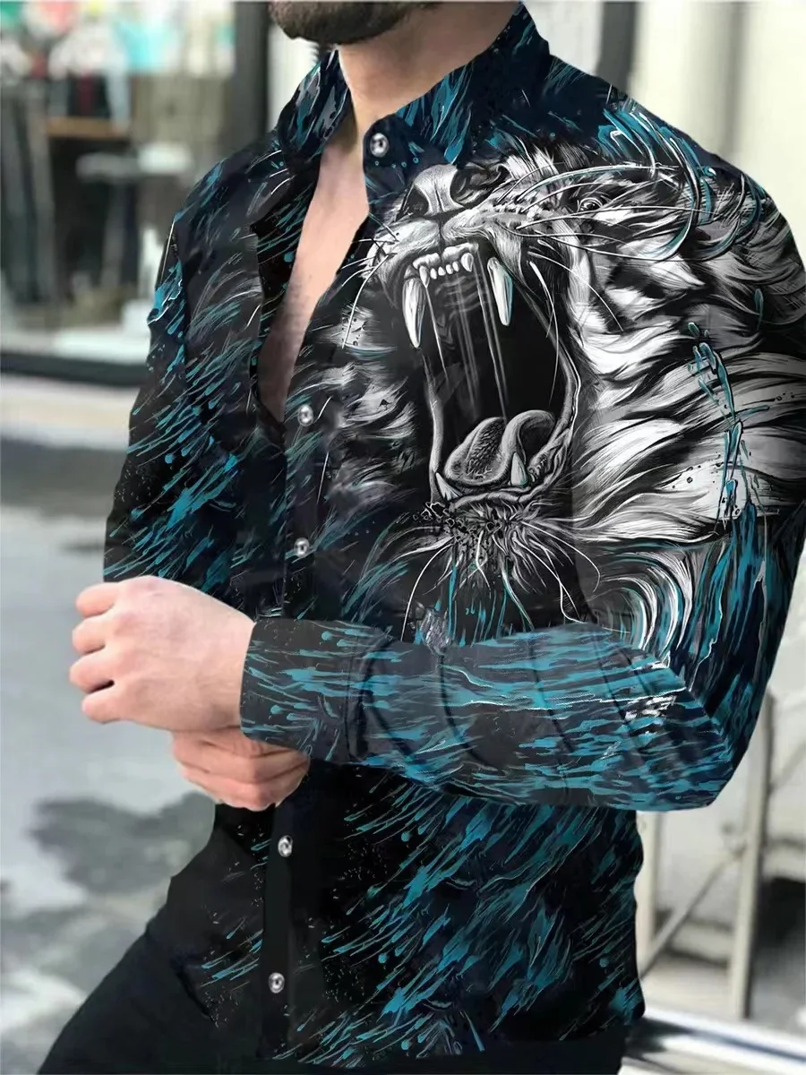 Men's party fashion long-sleeved shirt new 3D lion HD animal print lapel button shirt S-6XL Hawaiian casual cardigan street wear