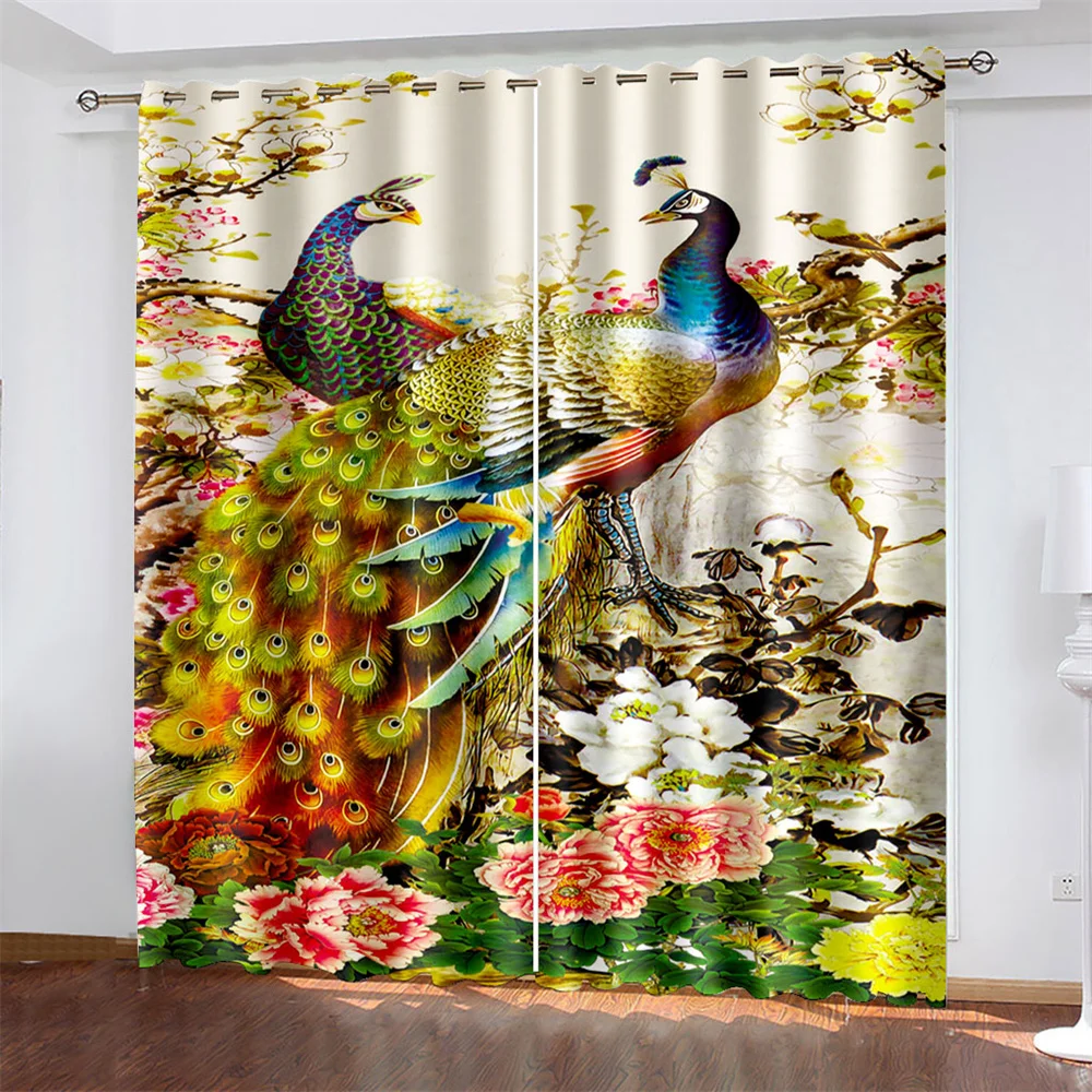 

3D Digital Printing Window Curtains, Peacock on the Flower Tree, Vintage, Bedroom, Living Room 2 Panels