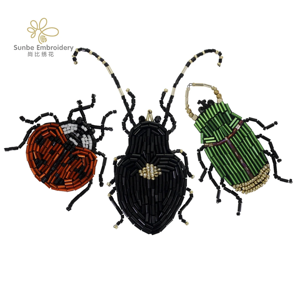 Handmade Beaded Ladybug Patches Insect Ornament Applique DIY Fabric Sew On Patch for Clothes Bags Shoes Decoration 1 set