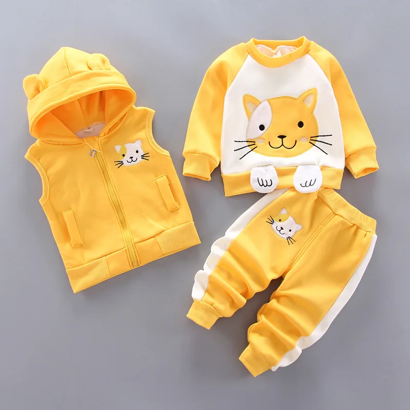 

Autumn Winter Children Clothing Sets Baby Girl Cartoon Thick Fleece Hoodies Vest Pants 3pcs Sports Suits Boy Casual Warm Sets