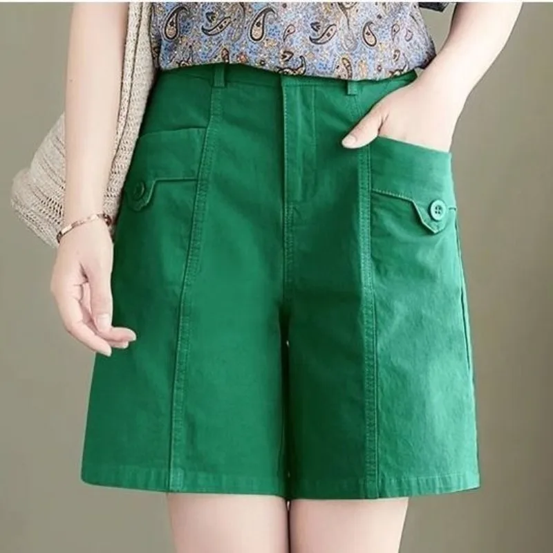 2024 Summer New Casual Shorts Women's Korean Elastic High Waist Fashion Solid Pockets Button Straight Wide Leg Knee Length Pants