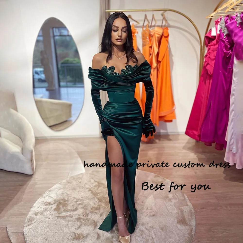 

Deep Green Satin Mermaid Evening Dresses Off Shoulder 3/4 Sleeve Beads Sweetheart Prom Party Dress with Slit Floor Length