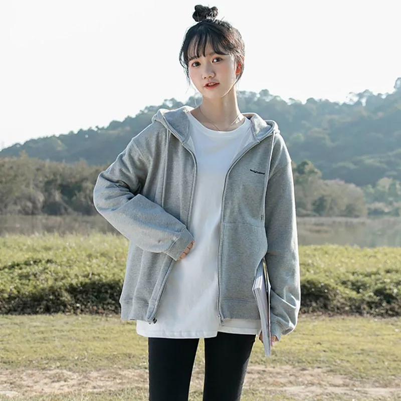 Sweatshirt Hoodie Oversize Hooded Cardigan Sweatshirts Gray Women Clothes Solid Zip Up Hoodies Spring Women Tops Long Sleeves