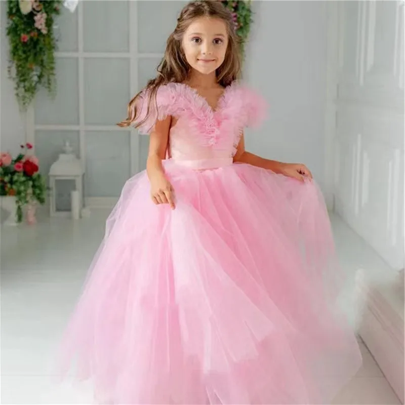 

Lovely Princess Pink A-line Flower Girl Dresses For Wedding Tulle Off Shoulder Pageant Floor Length Communion Piano Playing
