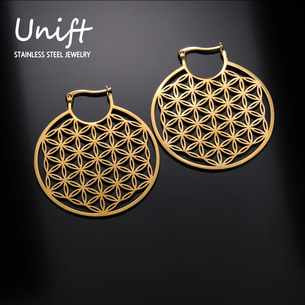 Unift Flower of Life Women Earrings Stainless Steel Big Hoop Earrings Vintage Piercing Mandala Jewelry Sacred Amulet Party Gift