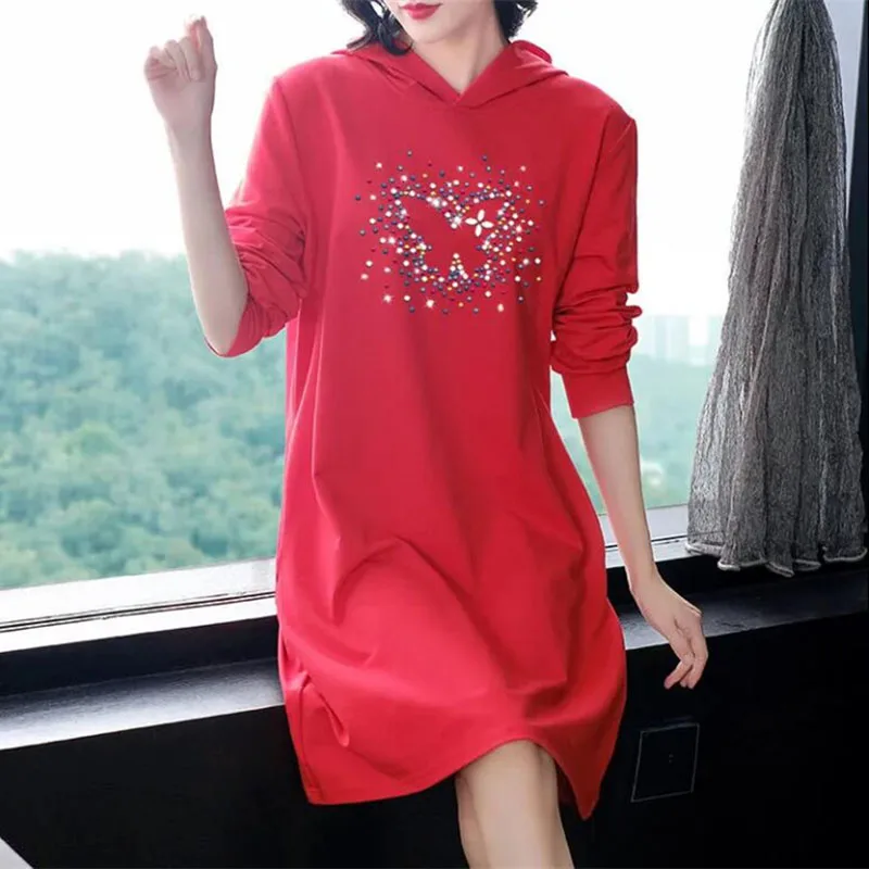 

Diamond Inlay Dress 2024 Women Spring Autumn New Korean Hooded Loose Casual Ladies Dresses Vestidos Mid-Length Female Hoodie