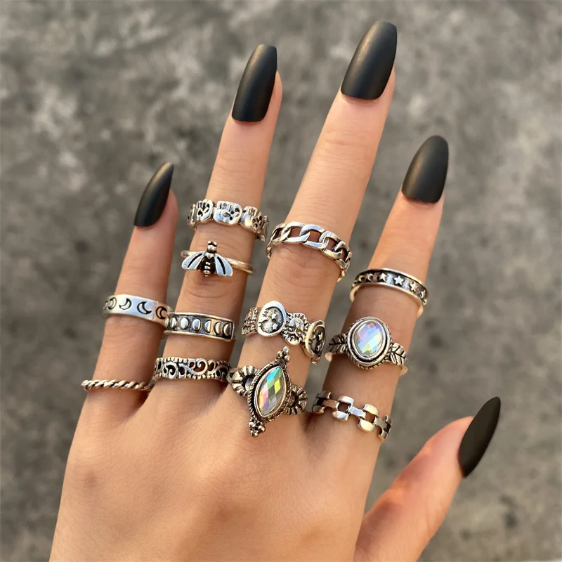 Bohemian Lotus Ring Set for Women Shell Rose Butterfly Gothic Vintage Plated Retro Rhinestone Bohemia Finger Jewelry