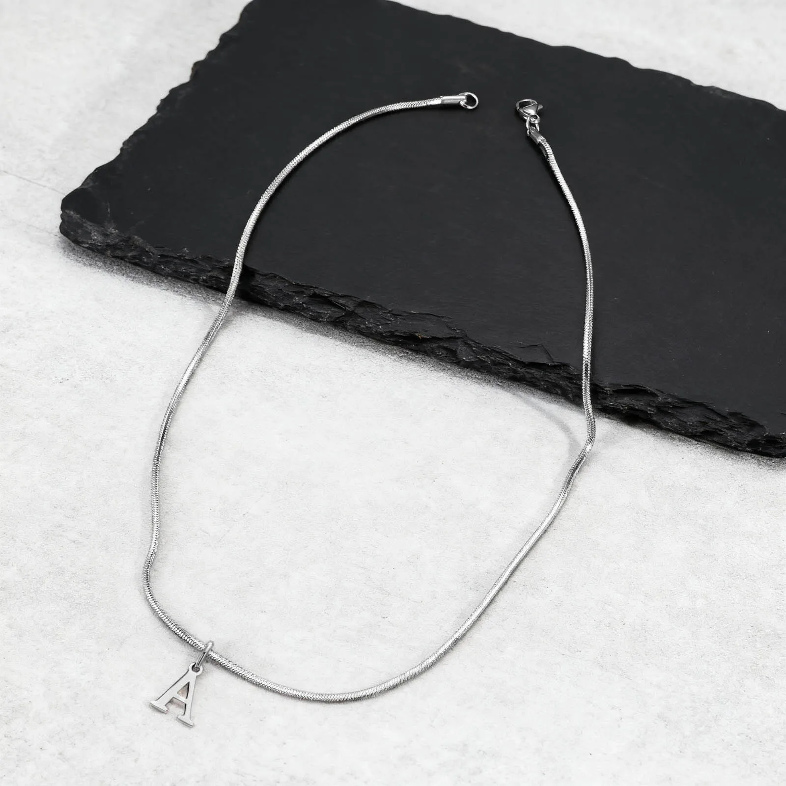 Minimalist Initials Necklace for Men,Stainless Steel Alphabet A-Z 26 Letter Collar,50/55/60CM Silver Color Thin Snake Chain