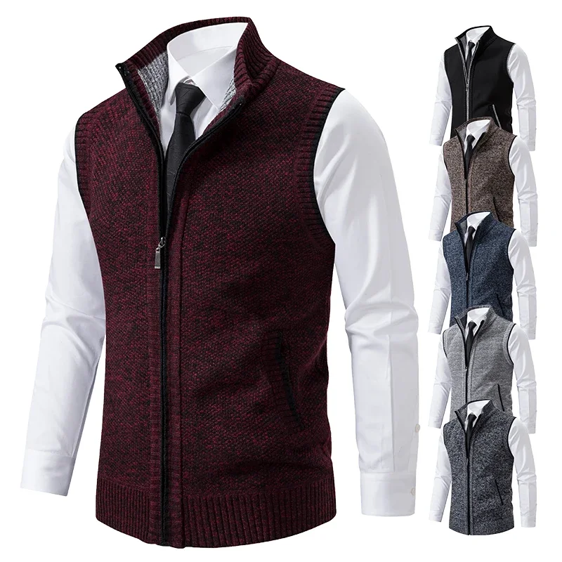 Men Sweater Vests Mens Knitted Vest Vest Men Knitted Sleeveless Sweater Jacket Wool Velvet Zipper Cardigan Turn-down Pullovers Turtleneck Sweatercoat Knit Waistcoat