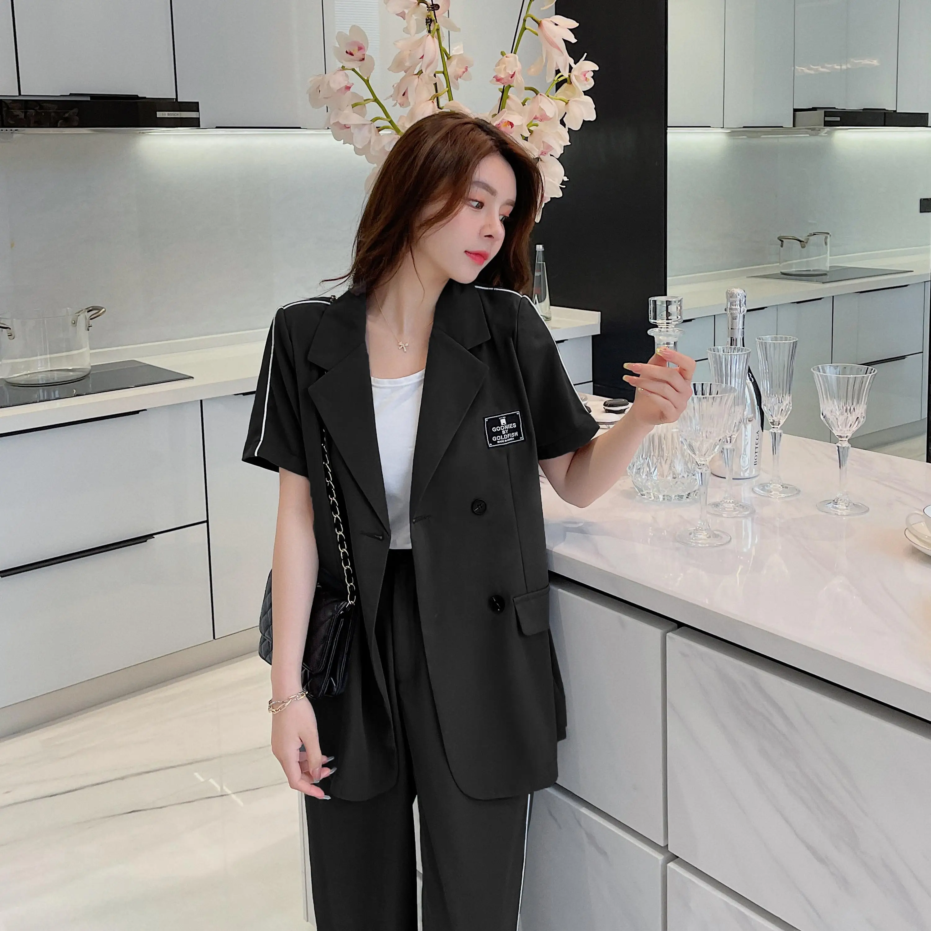 

Summer Blazers For Women Elegant Style Two Piece Set High Quality Short Sleeved Suit Jacket And High Waist Wide Leg Pants Office