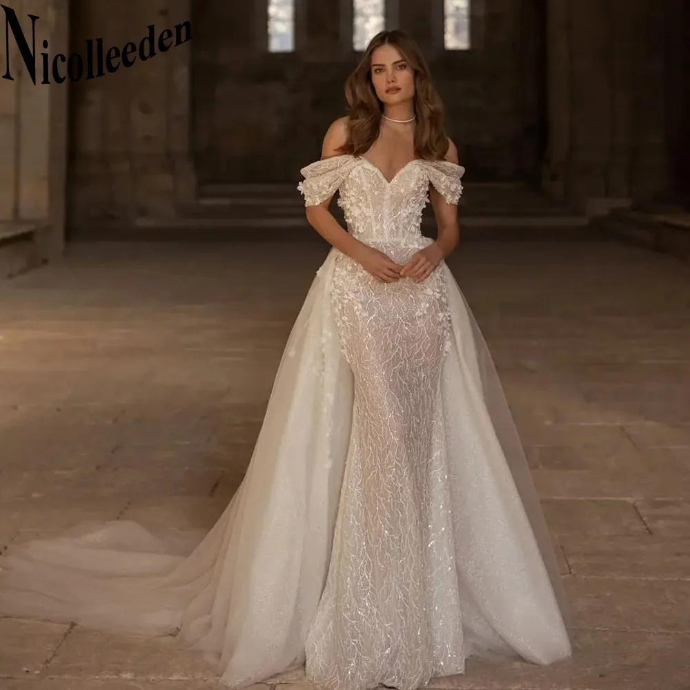 Nicolle Wedding Dresses Off the Shoulder Detachable Train Boat Neck Lace Appliques Robe De Mariee Customized