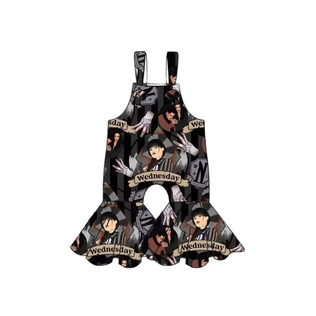 

Wholesale Wednesday Summer Girls Clothes Printed Black Camisole Jumpsuit Fashion Girls Outfit