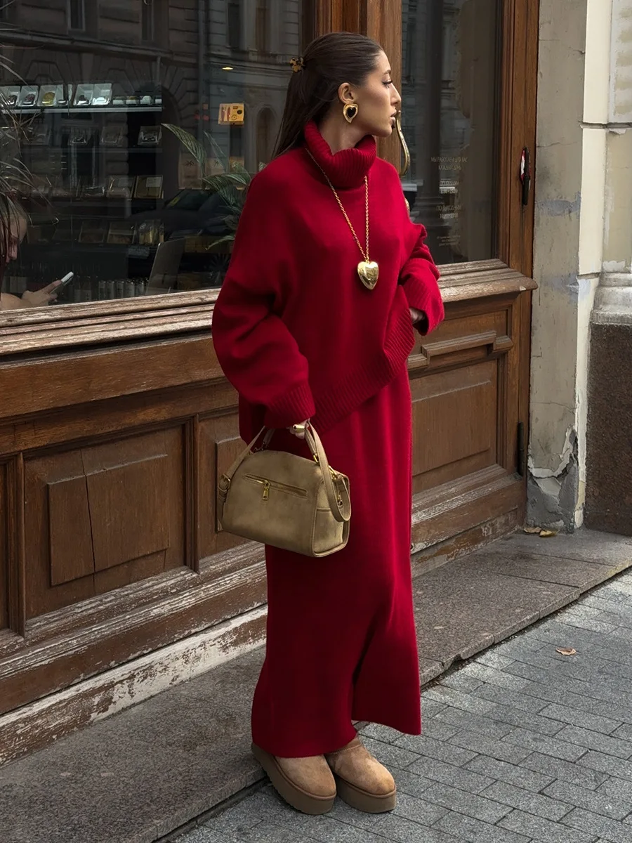 Bornladies Women's Knitted Turtleneck Sweater Skirt Set  Autumn Winter Loose Solid Color 2- Piece Knit Outfit Casual Warm Suit