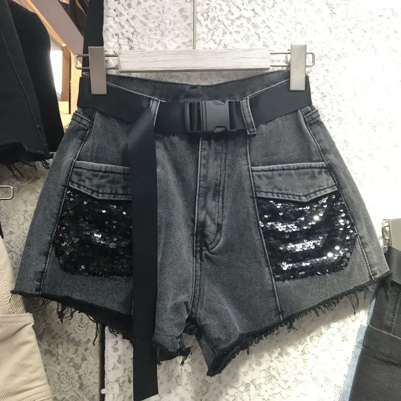 Women High Waist Zipper Pockets Straight Jeans Women Short Fashion Streetwear Harajuku Sexy Shorts Female Sequins Denim Shorts