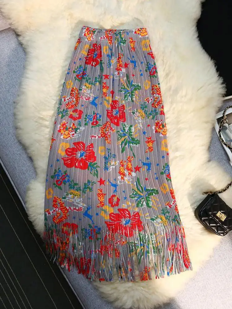 

Rose Floral Printed Tassel Pleated Long Elegant High-waisted Women's Summer Skirts Korean Style Skirt Fashion 2023 Versatile New