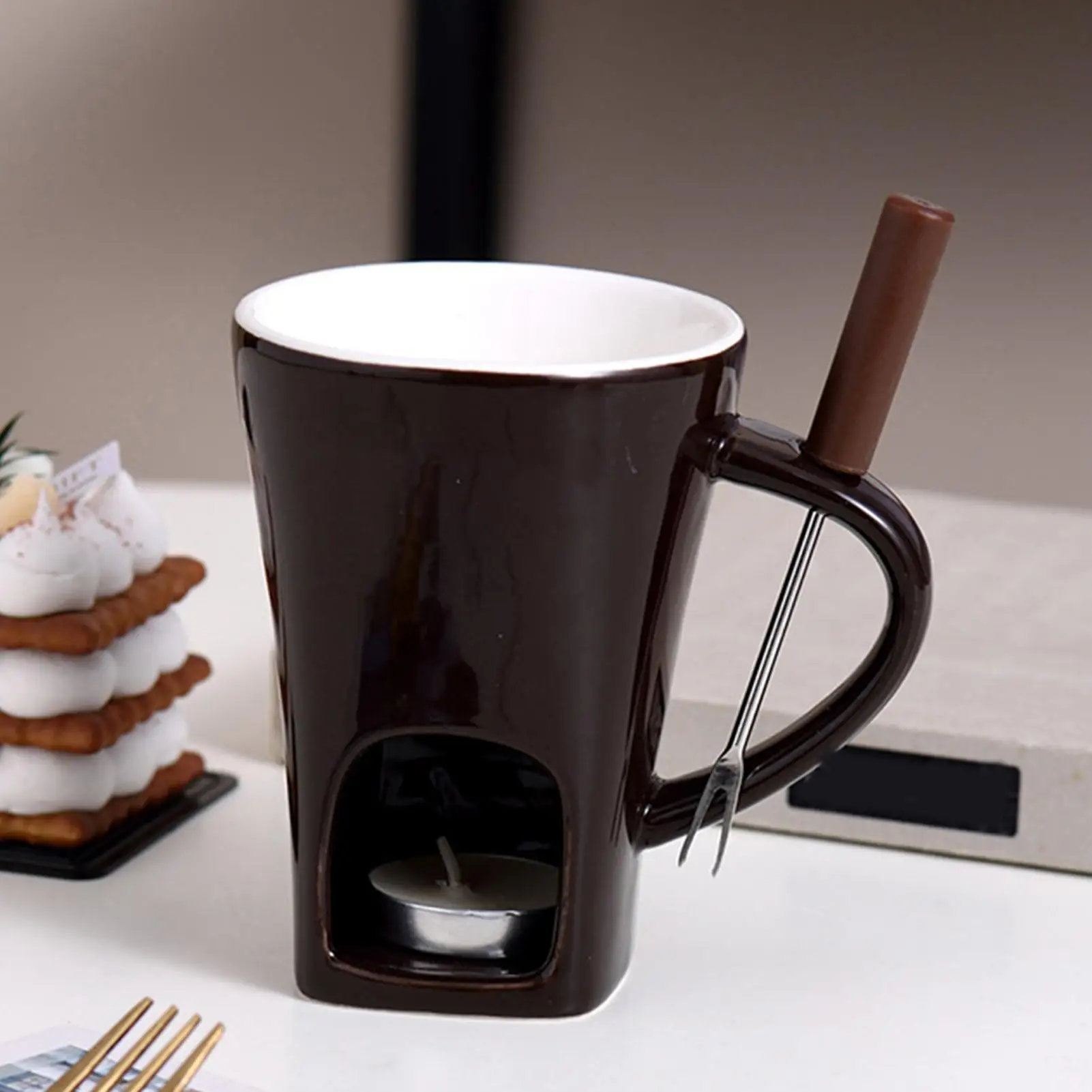 Chocolate Fondue Mug Set with fork and candle Mini Fondue Pots Cheese Ice Cream Fondue Maker Kit Butter Melter Cup Small Warmer