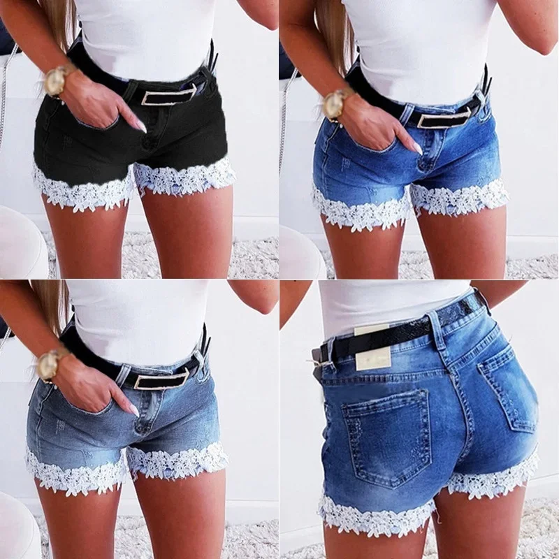 Women Slim Denim Shorts Stretch Lace Stitching Jeans Shorts Ladies Short Fashion Casual Black Blue Indie Denim Trousers Summer