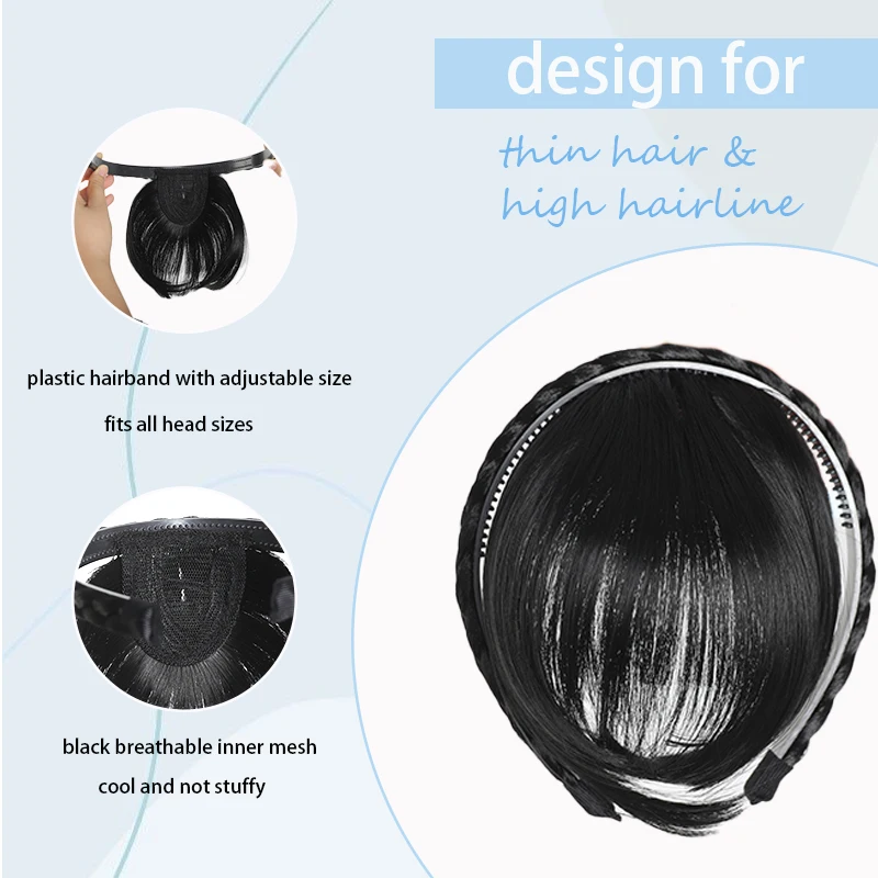 LUPU Fringe Fake Bangs Wig Synthetic Fake Hair with Braided Headband Natural Black Brown Bangs Hairpieces for Women Daily Wear