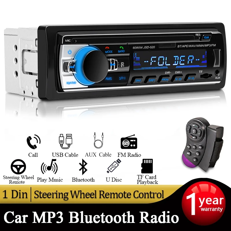 iFreGo Autoradio Bluetooth5.0 Handsfree, Stereoradio met MP3 speler WMA FM afstandsbediening, Autostereo met USB/AUX/TF speler, 1 DIN RDS snellaadfunctie, ondersteuning voor iOS, Android, 60WX4