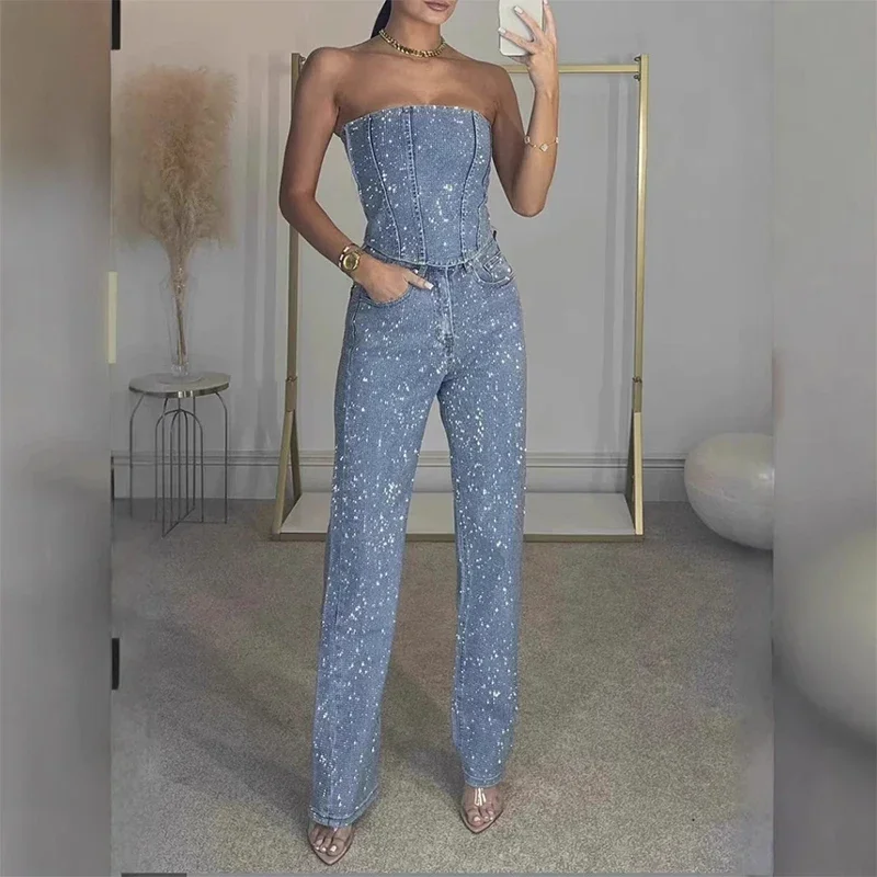CPSYMYM Rhinestones Denim Vest Jeans Set Women Sexy Slim Sleeveless Strapless Empire Waist Zipper Pocket Pencil Trouser Summer