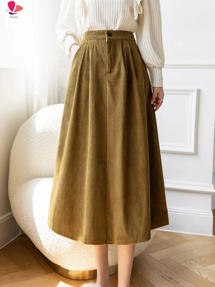 

APIPEE Corduroy Midi Skirt For Women 202 Autumn Winter Korean Elegant Solid A Line Elastic High Waist Long Skirt Female Velvet