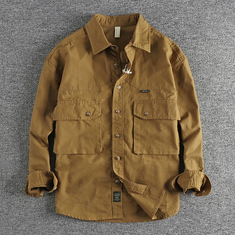 Stylish Retro-Style Workwear Men's Long Sleeve Shirts Cargo Cotton Weave Washed Loose Fit Shirt Male Thin Outerwear Coats