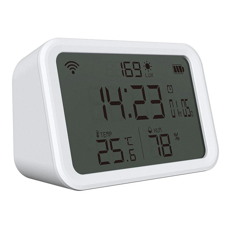 

White 4 In 1 Tuya Smart Wifi Temperature Humidity Illuminance Sensor Thermometer Hygrometer Sensor With Display