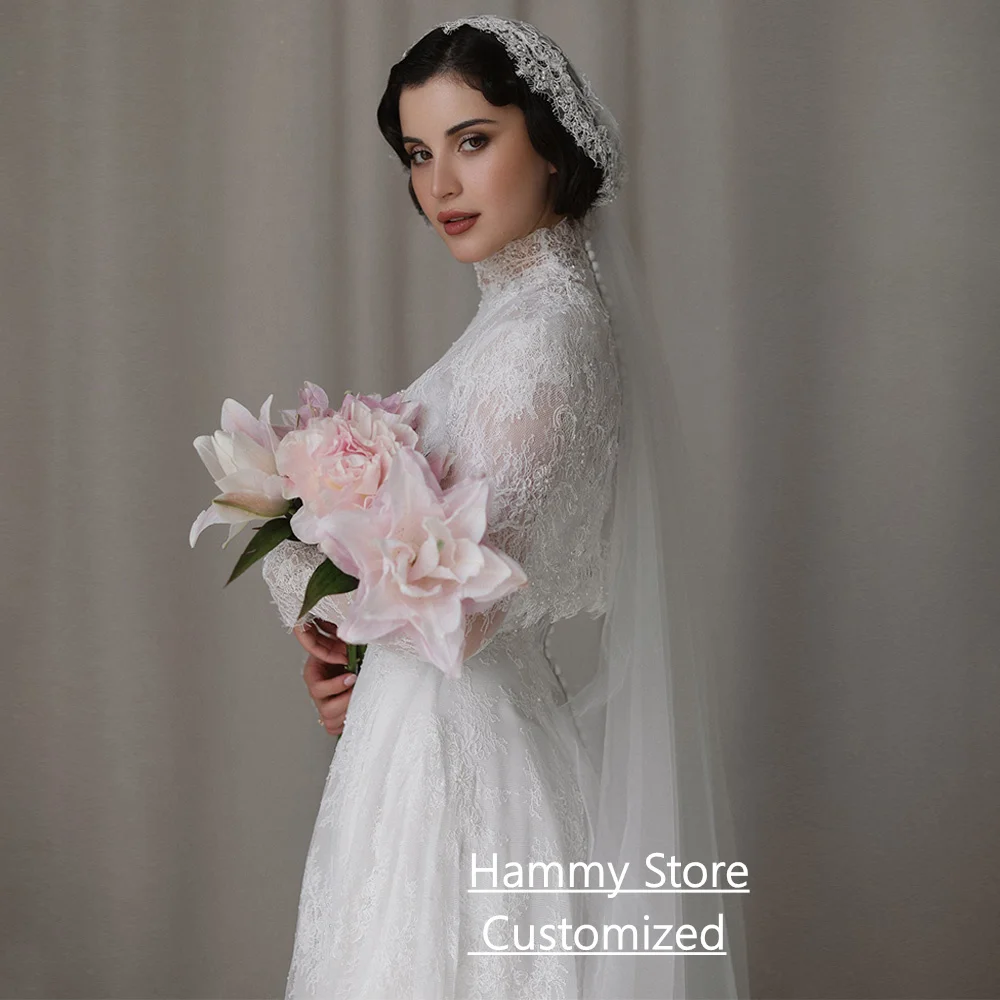 Saudi Arabian Pearls Lace Wedding Dress Customized High Neck Full Sleeves Court Train A Line vestidos de novia Bridal Gown