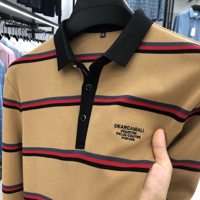 

2023 Light Luxury Autumn Men's Cotton Business Casual Lapel Designer Fashion Stripe Print Long Sleeve POLO Shirt Top M-4XL
